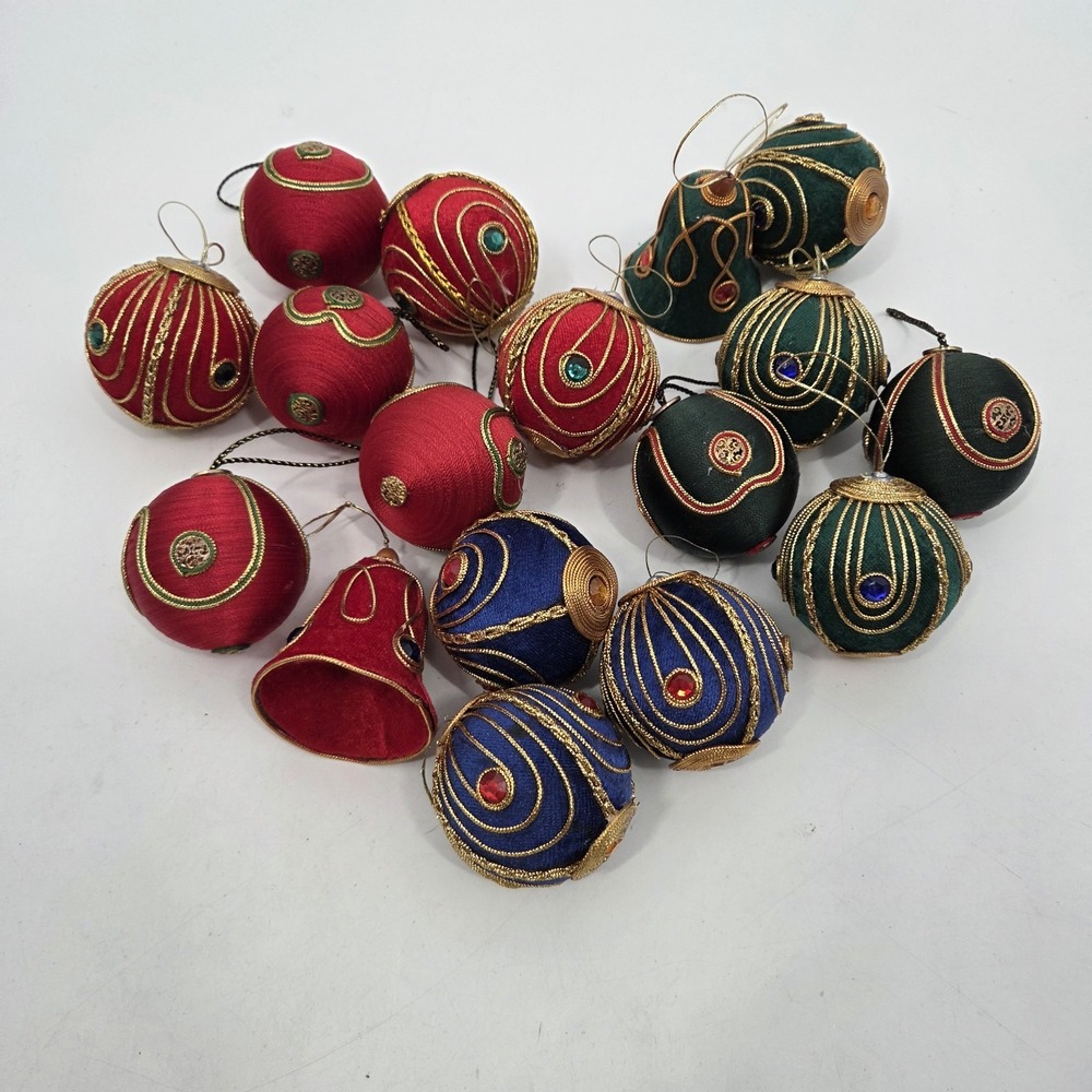 Vintage Large Blue Red Green Satin Gold Christmas Tree Ornament Ball Decoration